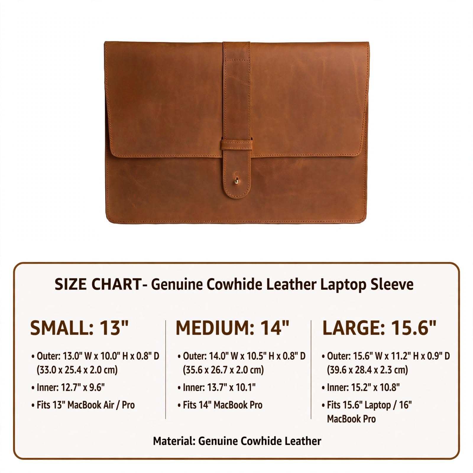 Custom Design Buffalo Leather MacBook Sleeve size chart
