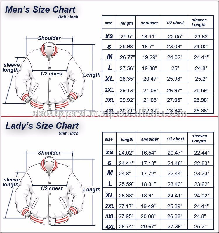Premium Quality Varsity Jackets size chart