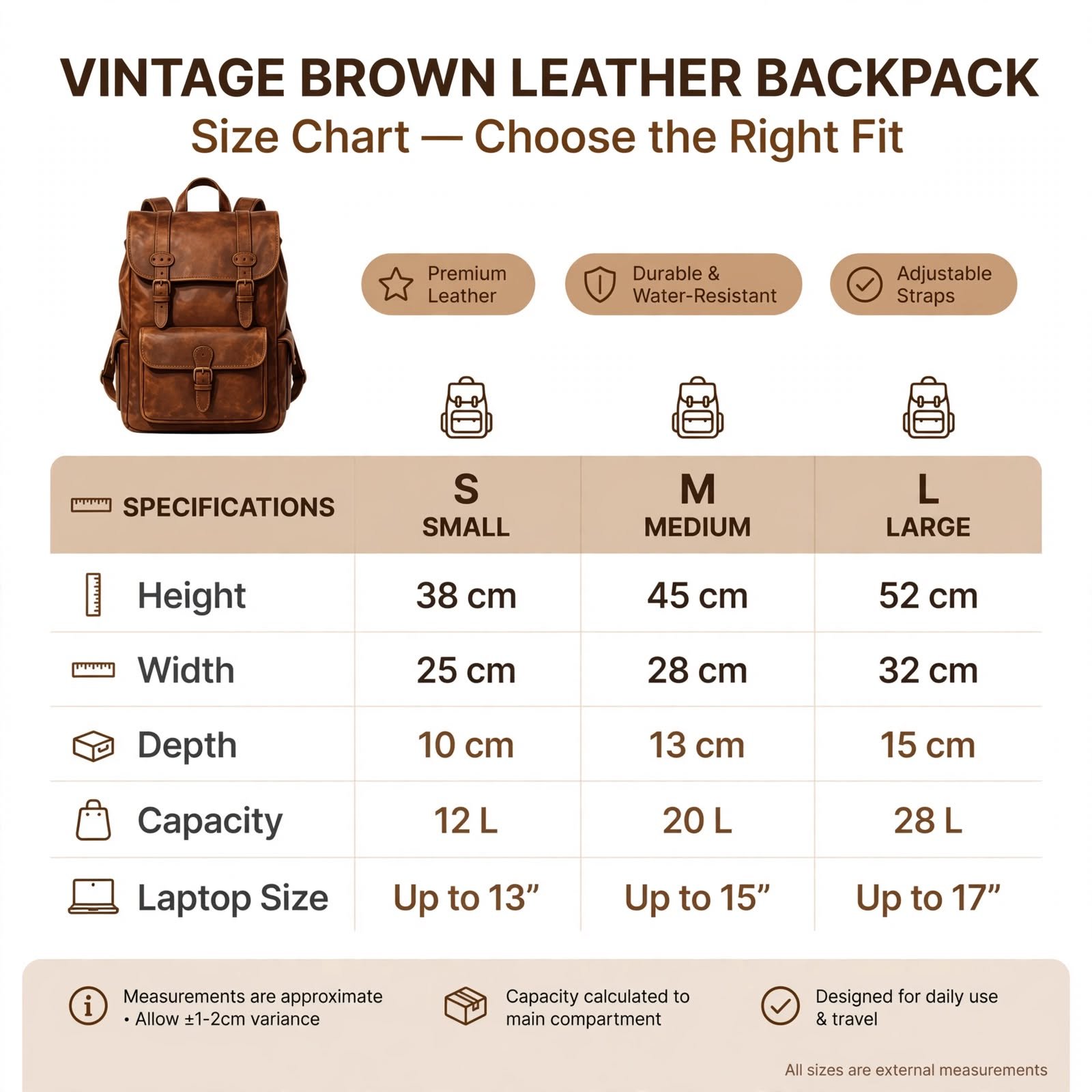 Genuine Buffalo Leather Backpack Bag size chart