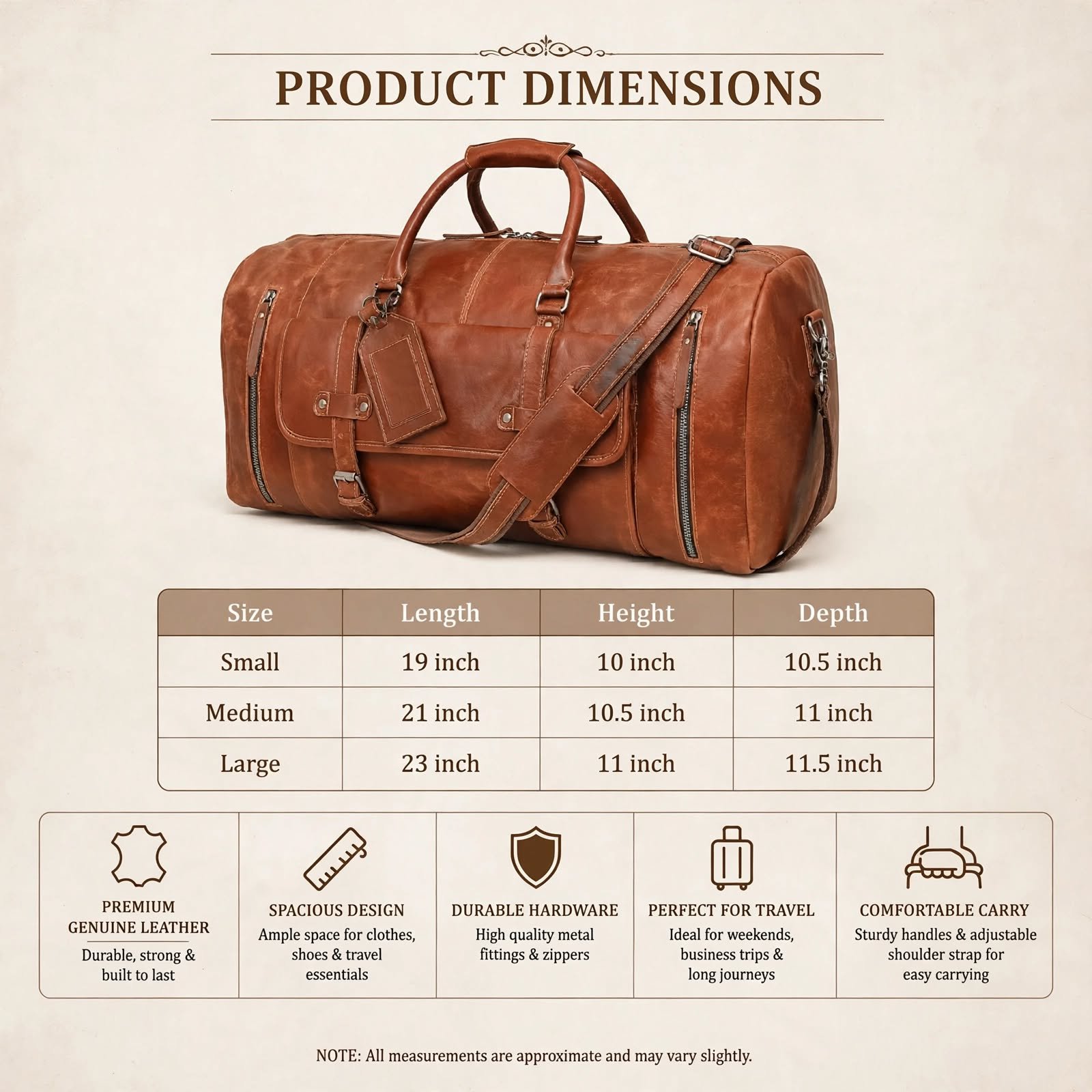 Vintage Leather Duffle Bag size chart