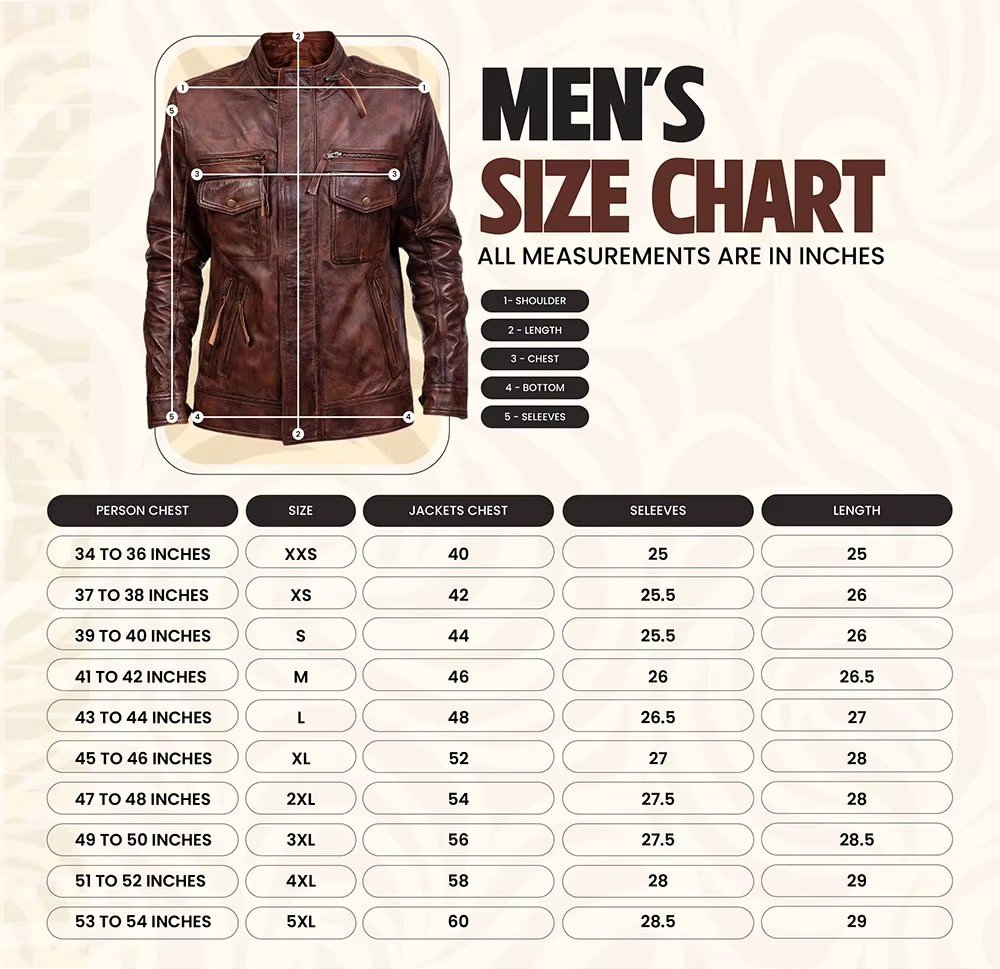 Wholesale Puffer Leather Jackets For Men size chart